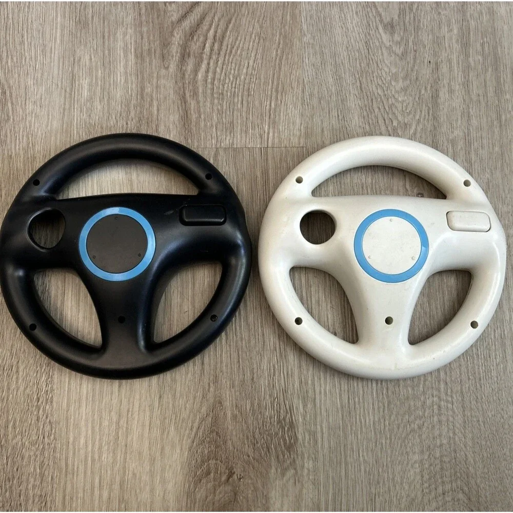 Nintendo Wii Controller Steering Wheel x2 Mario Kart Racing White Black Pair